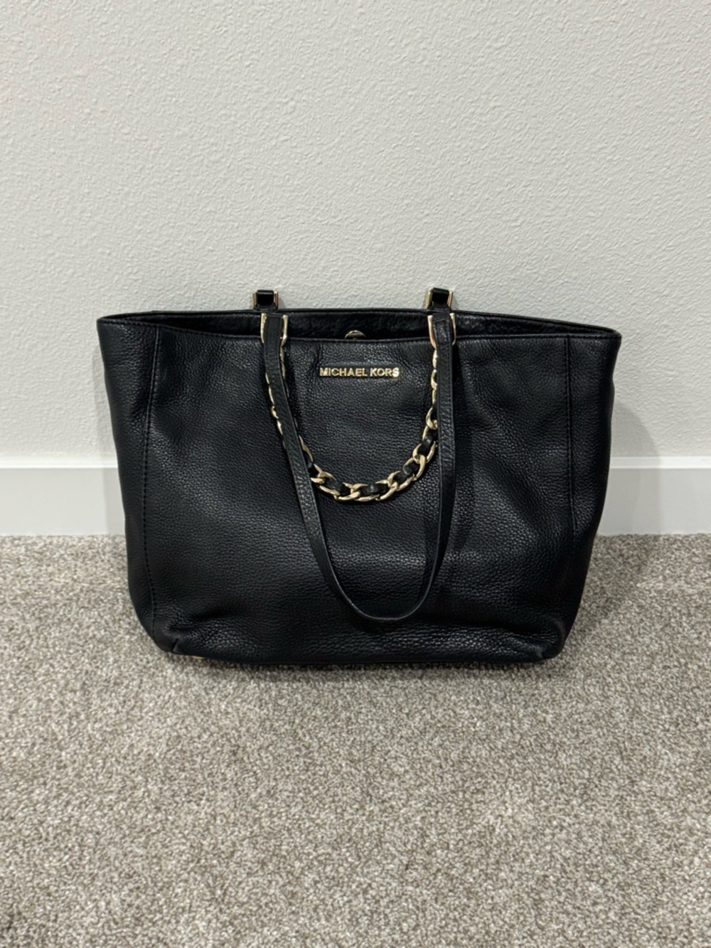 Michael Kors Black Leather Tote with Gold Chain Accent